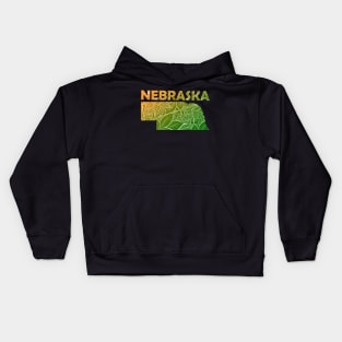 Colorful mandala art map of Nebraska with text in green and orange Kids Hoodie